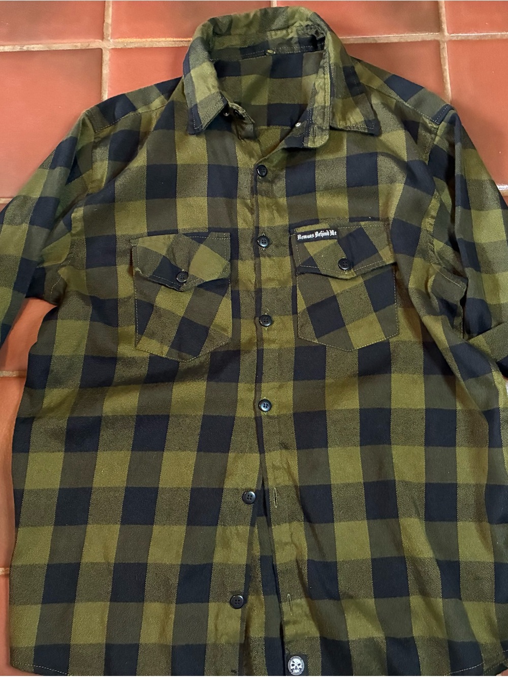Demons Behind Me Flannel Button Up Shirt Black Green Plaid Skull Patch Size XL
